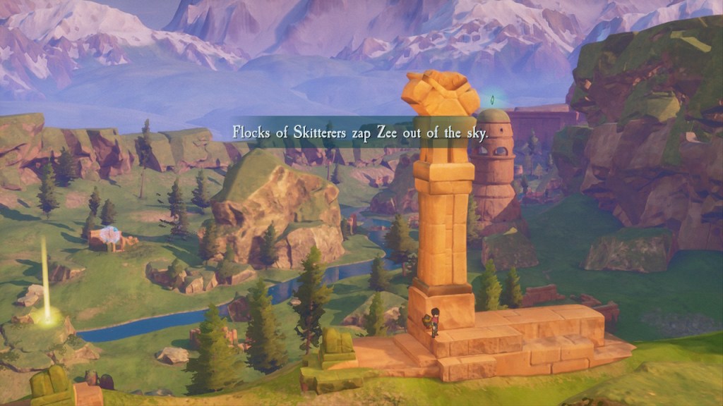 screenshot image of valley landscape with broken stone tower and mountain in the background, from the video game Europa