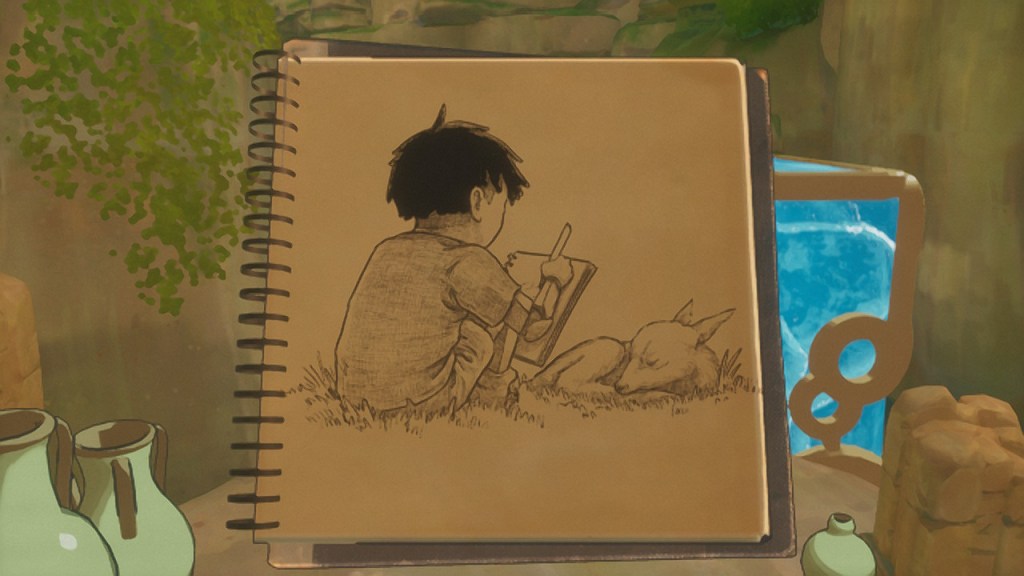 screenshot image from video game Europa, showing a sketching of a child drawing a sleeping animal