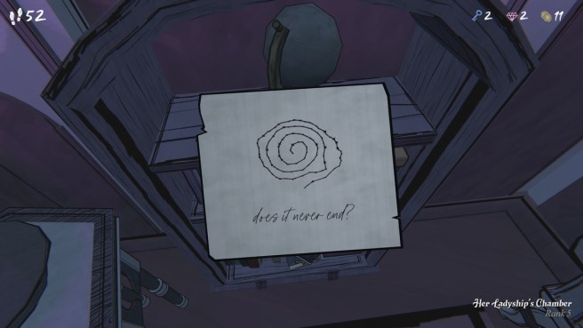 Screenshot from Blue Prince with a note that says it never ends