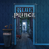 Video Game image of a blue walled room with a door open and looking down to more open doors and subsequent rooms. The game title Blue Prince is above the first doorway.