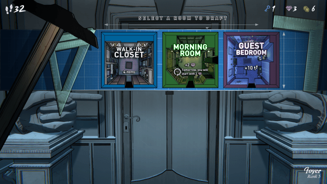 screenshot from Blue Prince showing three rooms to choose for your next placement on the map