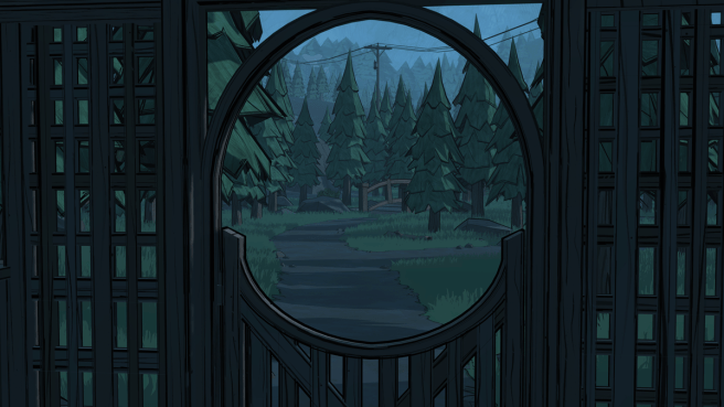 Screenshot from Blue Prince looking through the circle in a gate to the gardens