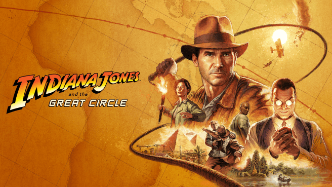 Title image for Indiana Jones and the Great Circle, featuring logo, Indy, and supporting characters