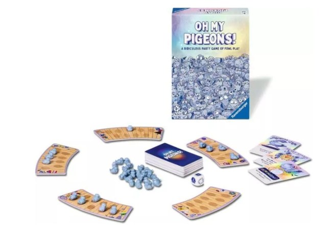 image of all components in the box for the tabletop game oh my pigeons from ravensberger