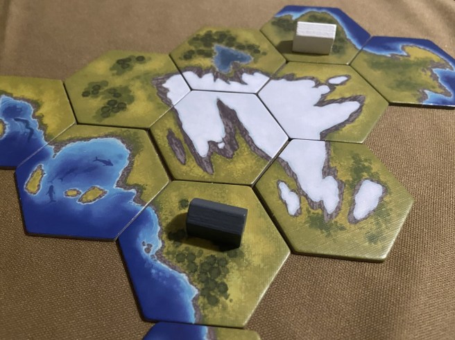 photo of tile and longhouse placement during the tabletop game Small Fjords