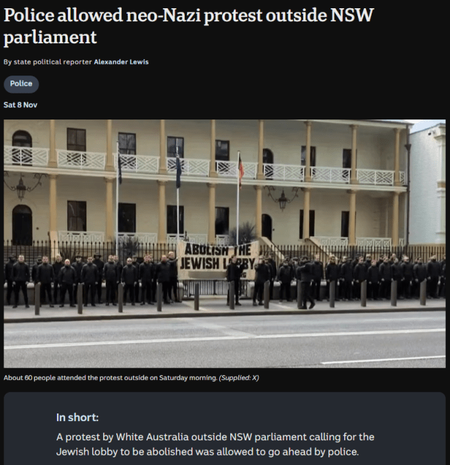 screenshot from ABC Australia of news article discussing White Australia protest outside NSW Parliament where the protestors loudly called for the Jewish lobby to be abolished