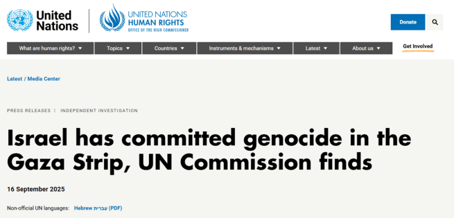 screenshot of UN site declaring genocide in Gaza Strip