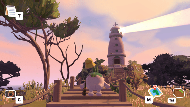 Screenshot from Letters to Arralla showing a lighthouse against a pink sky