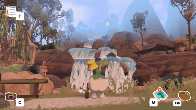 Screenshot from Letters to Arralla showing the main character, a turnip, standing in front of a waterfall with mountains in the background