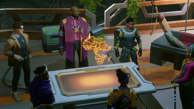 screenshot from Relooted video game showing the team standing around a map of Africa to find the next heist location