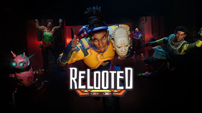 title image for Relooted video game featuring Nomali running towards the screen with a treasured artefact under her arm