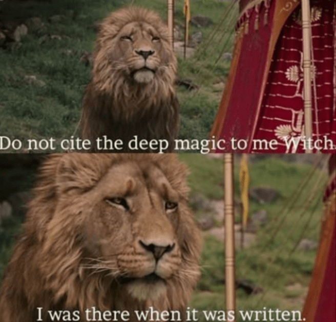 Meme image made from footage of the movie adaptation for The Loin, the Witch, and The Wardrobe. It quotes Aslan the lion saying Do not cite the deep magic to me, witch. I was there when it was written. 