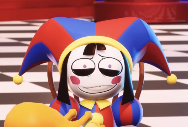 Screenshot image of Pomni from The Amazing Digital Circus featuring her red andblue jester hat and pale white face