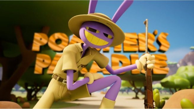 screenshot image of The Amazing Digital Circus Episode 5 featuring Jax in a safari suit standing in front of a sign that says Poacher's Paradise