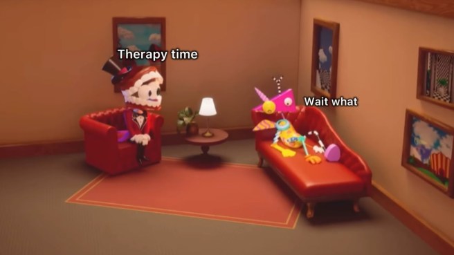 Screenshot of The Amazing Digital Circus Episode 3 with Caine and Zooble presenting in a therapy session